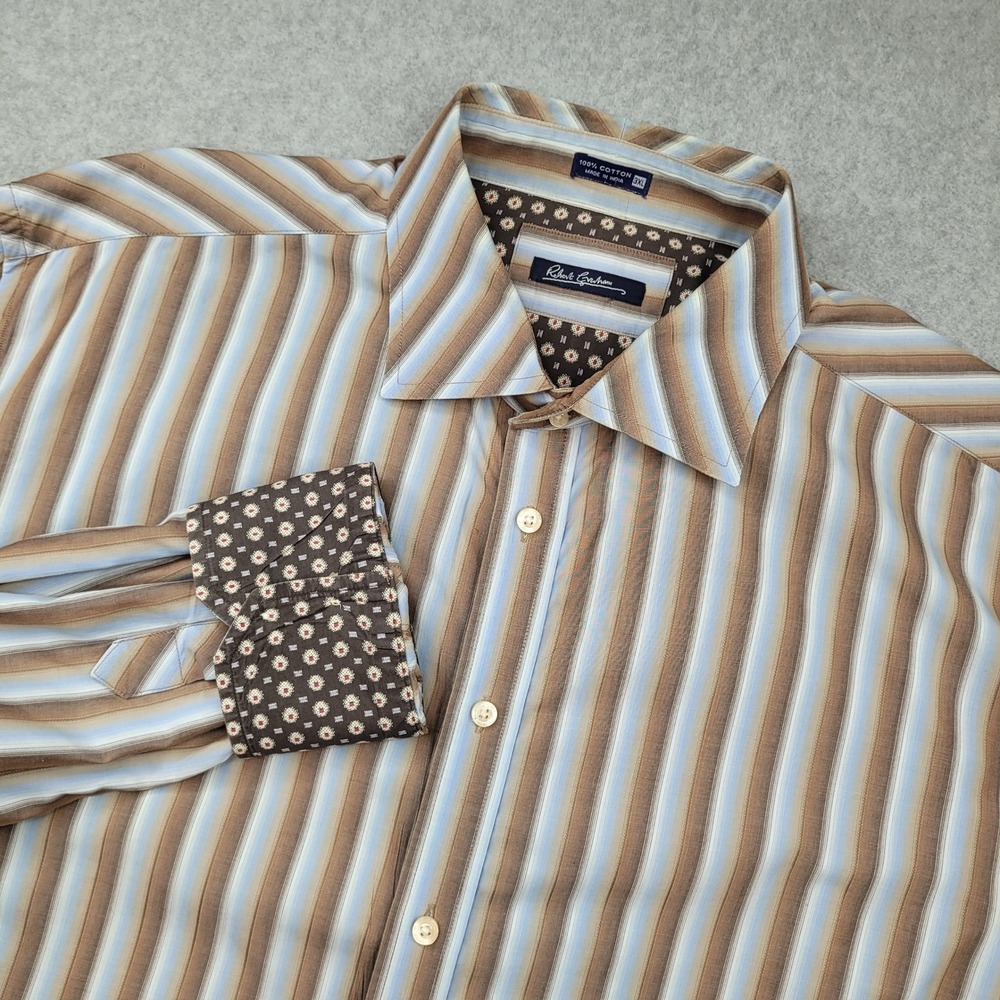 Robert Graham Button Down Mens 3XL Brown Striped Flip Cuff Cotton Long Sleeve